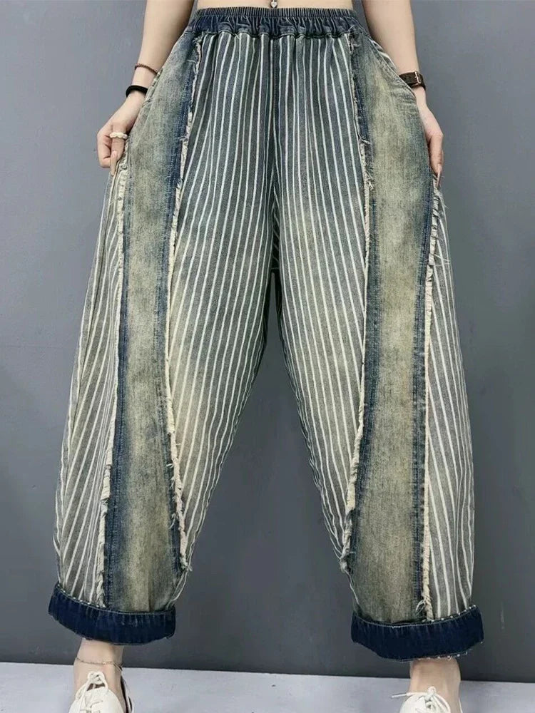 Amax luluE 2024 Summer Females Fashion Denim Pants Women Loose Vintage Striped Design Jeans Ladies Casual Classic Harem Trousers