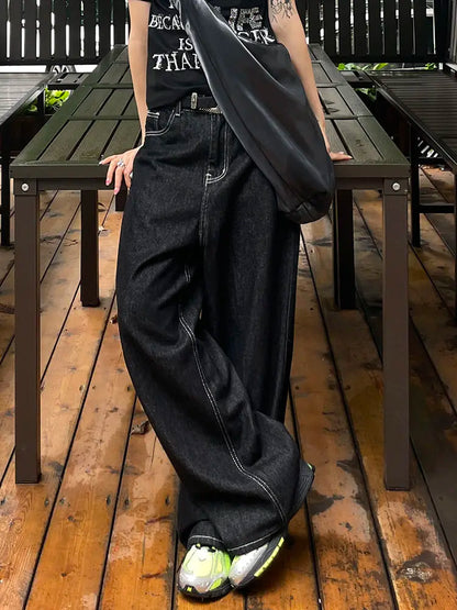 Gidyq Vintage Embroidery Jeans Women Y2K Black Oversized Streetwear Grunge Baggy Denim Trousers Boyfriend Jeans Hip Hop Gothic