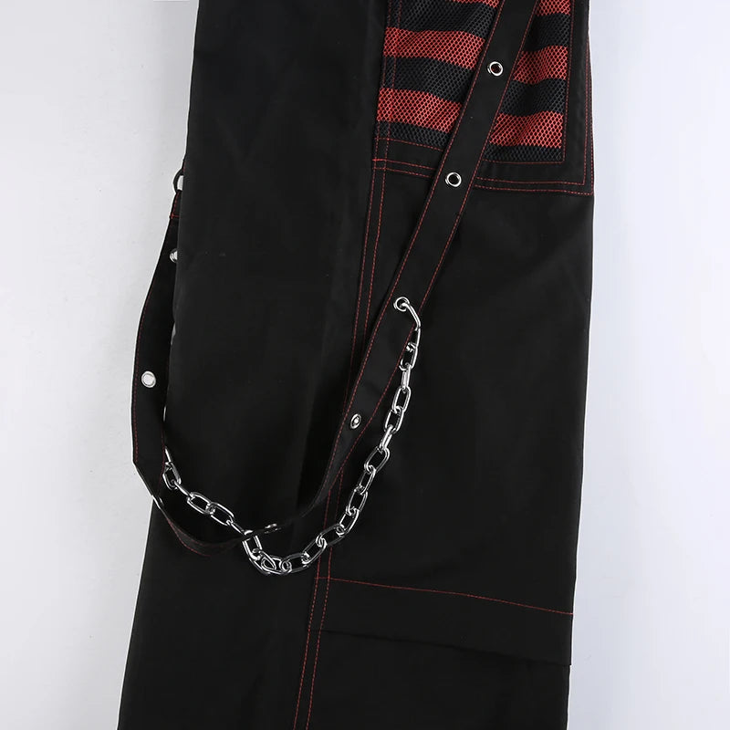 Women Gothic Chain Bandage Wide Leg Pants Women Oversize Low Rise Dark Academic Trousers Streetwear 90s Baggy Pant Punk Style