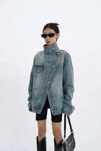 2025Fashion lapel denim jacket asymmetrical design  women's denim coat loose casual streetwear  outerwear  female coat