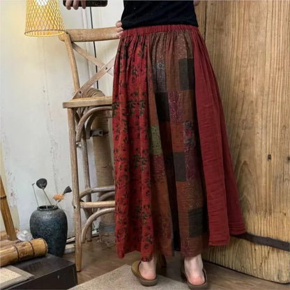 Women 2025 Summer New Loose Spliced Print Cotton and Linen Skirt Retro Casual Elastic Waist Skirt