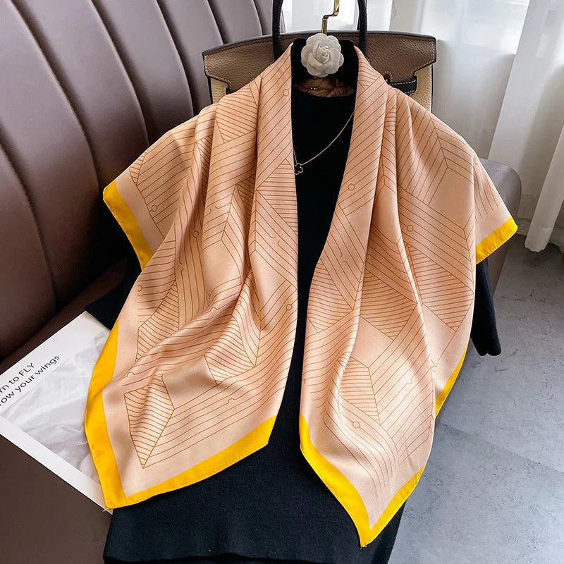 Twill Silk Scarf Women 90cm Square Hijab Shawls And Wraps Female Foulard Headkerchief Elegant Floral Summer Autumn Lady Bandana