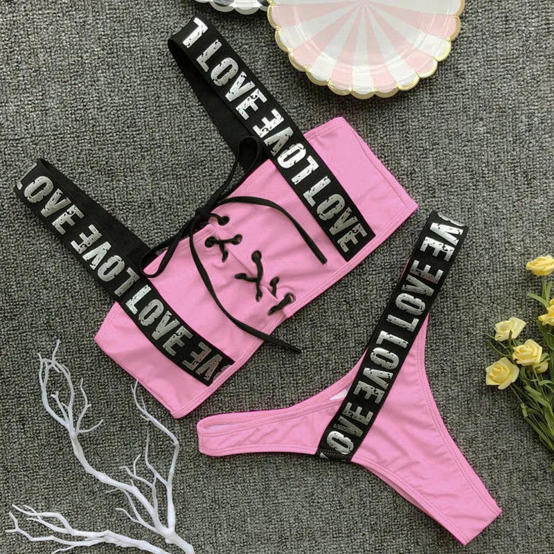 Sexy Red Bikini Set 2025 New Women Letter lace up Bandage Low Waist Swimwear Padded Push Up Swimsuit Beach Bathing Suit Swimming