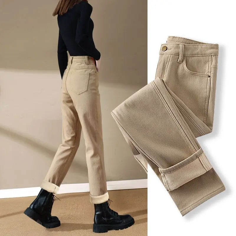 Spring Winter New Plus Velvet Women Jeans Button High Waist Solid Pants Pockets Thicken Fashion Casual Straight Trousers 2022