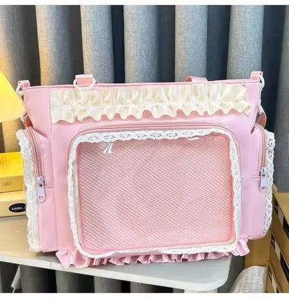 Y2k New Sweet Ita Shoulder Bag Lolita Girl Transparent Crossbody Bag Women Large Capacity Lace Tote Bag Cute DIY Display Handbag