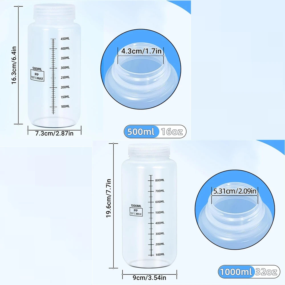 Set of 2 Wide Mouth Plastic Bottles with Lids PP Containers Jars 500ml 1000ml for Water Juice Liquid Storage Bottle