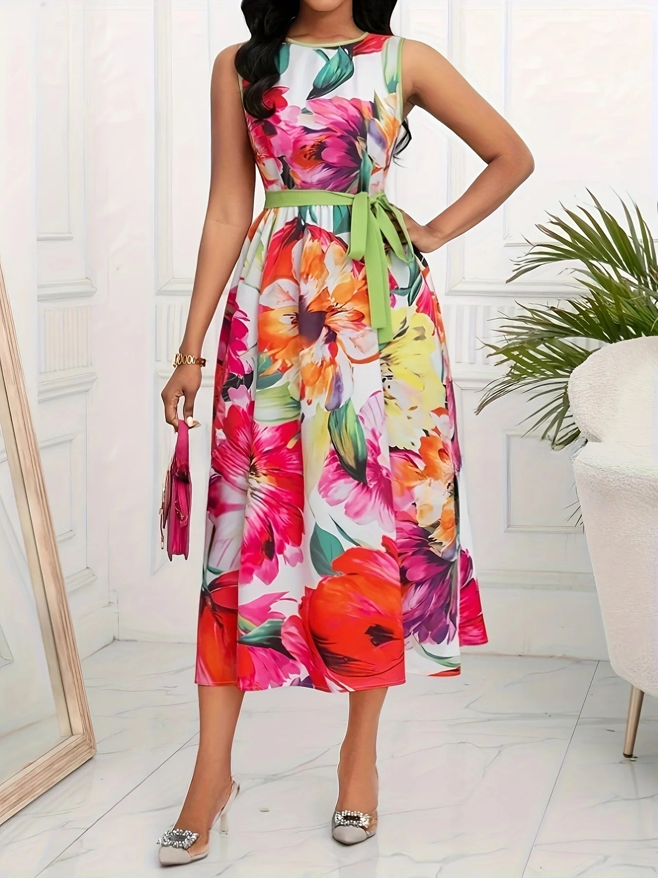 Spring Summer Women Elegant Floral Print Long Dress Vacation Party O Neck Lace Up Sleeveless Tank Dresses