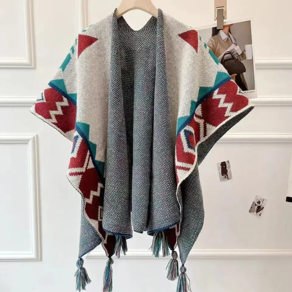 2025new Poncho Cloak Tourism Shawl Autumn and Winter Ethnic Style Knitted Capes High-end New Style Outer Scarf Split Women Shawl