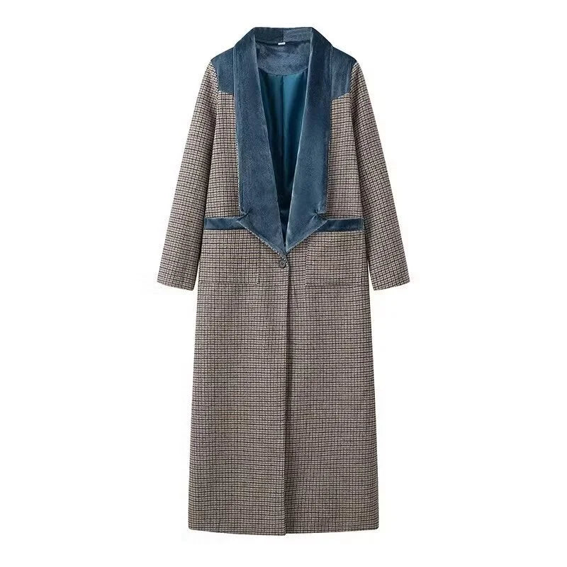 Woolen Plaid Long Coat Women Turn-down Collar Loose Long Sleeve Button Elegant Outwear Female Thicken 2025 Spring Street Jacket