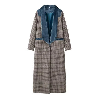 Woolen Plaid Long Coat Women Turn-down Collar Loose Long Sleeve Button Elegant Outwear Female Thicken 2025 Spring Street Jacket