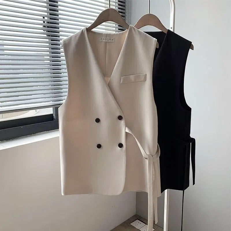 2024 Women Spring Autumn New Loose Suit Vest Jacket Female V-neck Sleeveless Coats Ladies Casual Double Breasted Waistcoat W681