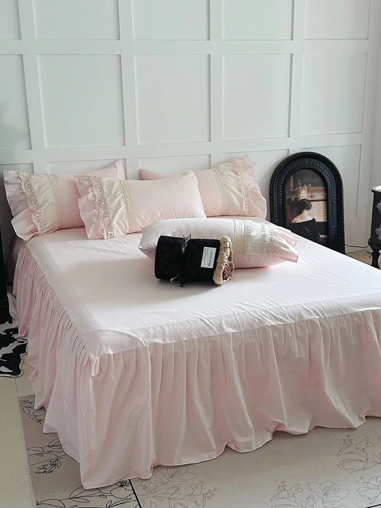 Princ Sle Pure Cotton Pink Bedding Set with Lace s Waed Cotton Duvet Cover eet And Bed Skirt Four Piece Set