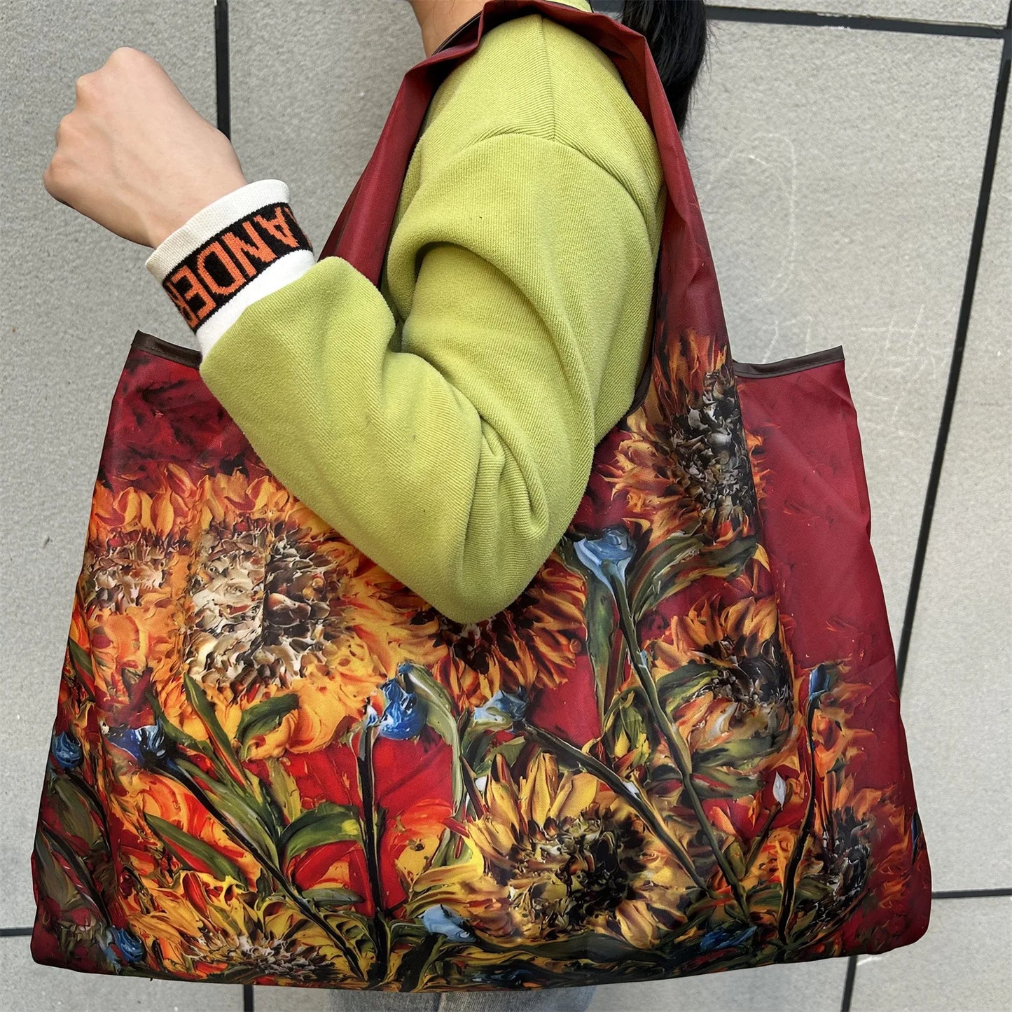 Chic Iris Flower Large Tote Bag Foldaway Convenience Nylon Shopping Bag with Shoulder Strap Lightweight Machine Washable