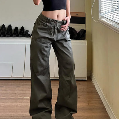 Low Waisted Flare Jeans Streetwear 2000s Clothes Y2k Women Bottom Belted Cargo  Vintage Denim Pants P67-DI27