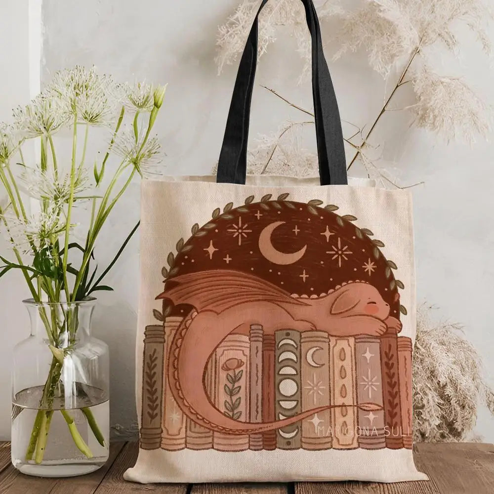 Dragon Sleeping Storage Bags Lightweight Canvas Tote Bag Large Capacity Shoulder Shopper Fashion Eco Multi-Purpose Handbag