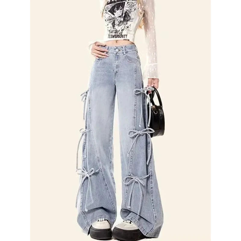 MEXZT Y2K 2000S Jeans Women Vintage Streetwear Bow Bandage Wide Leg Denim Pants Harajuku Korean Baggy Casual Straight Trousers