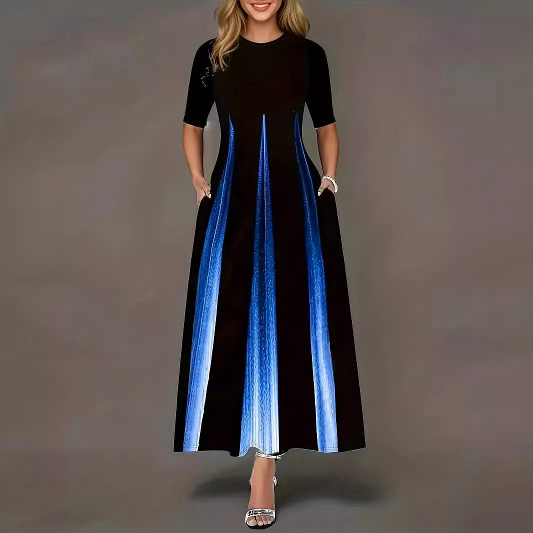 Summer new round neck casual fashion celebrity print gradient long skirt for women