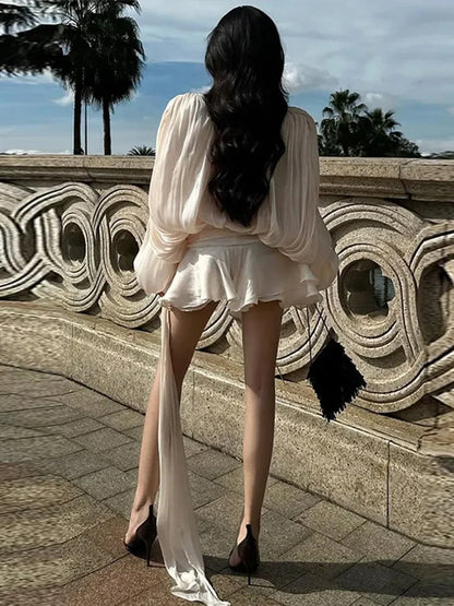 Elegant Blouse Mini Dress Women Loose V Neck Lace Up Hollow Out Dresses Female 2026 Spring New Long Lantern Sleeves Robe Lady