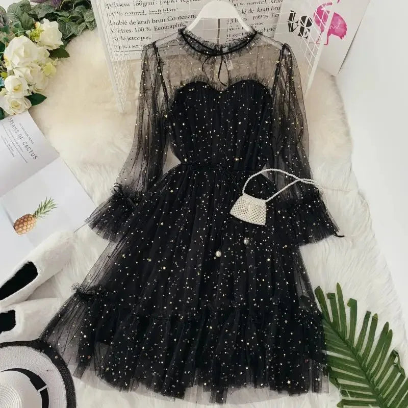 Women Dress Star Shiny Sequin Star Flare Sleeve Lace Up Priceess Korean Fashion Solid Color Elegant Mesh Lace Summer Clothing