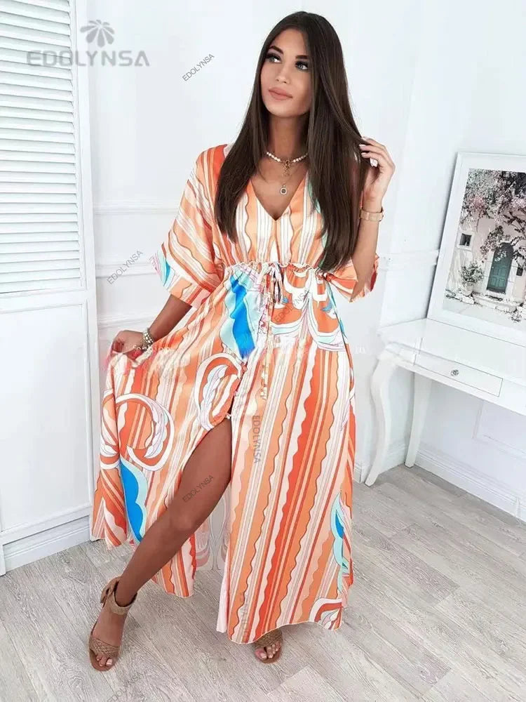 Bikini Cover-ups Boho Print Long Dress Self Belted Sexy Beach Tunic 2023 Summer Women Beach Wear Swim Suit Cover Up A932