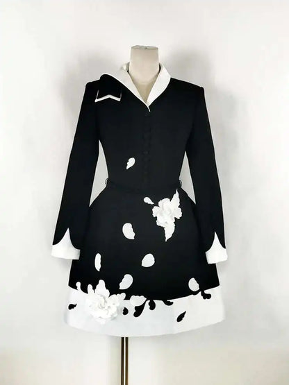 QMQA Fashion Women's Elegant Dress 3D Floral Contrast Color Collar Splicing High Waist Long Sleeve Party Dress Autumn New 1A399