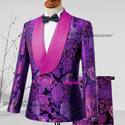 G&N 2025 New Jacquard Suit Men's 2-piece Formal Ball Performance Set Black Satin Collar Purple Rose Red Flower Pattern Costumes