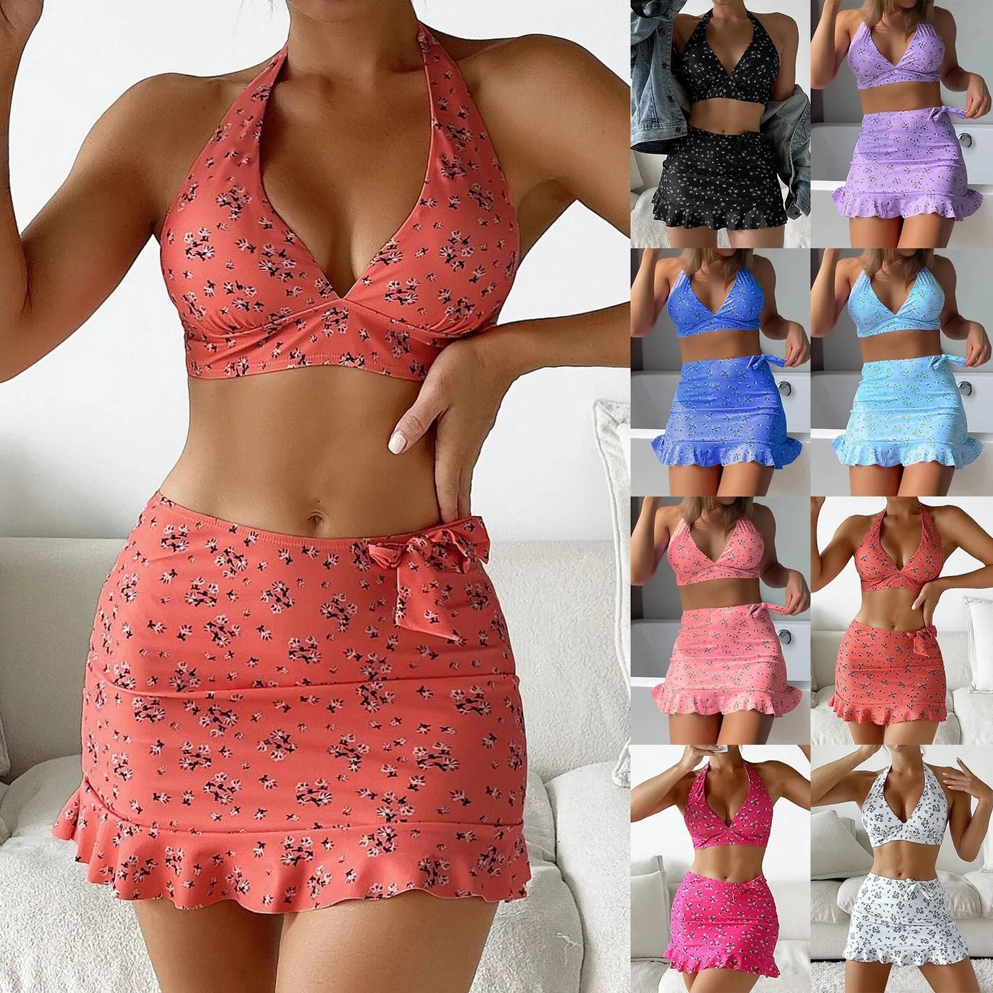 Women Halter Deep Bikinis Set Printed Three Piece Beach Wear Dress Sexy Ruffled Wrap Buttocks Swimwears Women'S Swimsuit
