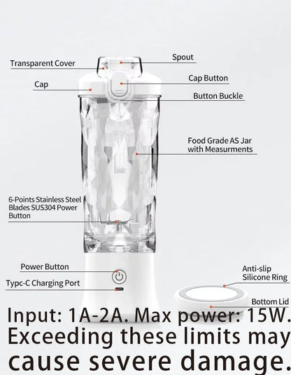Portable blender with 20oz cup, USB-C rechargeable, self-cleaning, cordless for smoothies, gym, office.