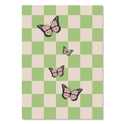 Colorful Danish Pastel Canvas Painting Aesthetic Poster Cherry Plaid Smiley Flower Butterfly Print Wall Art Nursery Home Decor