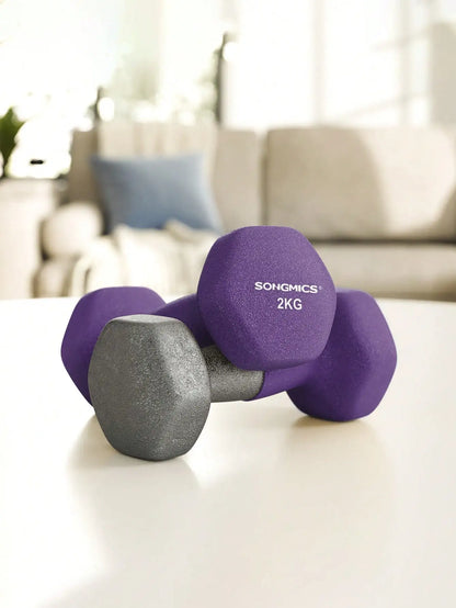 SONGMICS 2 x 2 kg Dumbbells, Neoprene Coating, Hexagonal Pair, Home Workout, Fitness Training, Purple, Ideal for Exercise