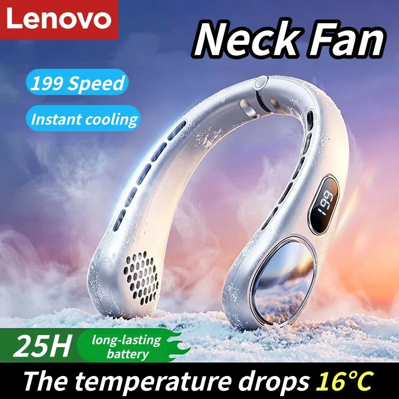 Lenovo Portable Neck Fan Rechargeable Ultra Long Battery Life Quiet Foldable Wearable Personal Cooler 199-Gear Ice Cooling