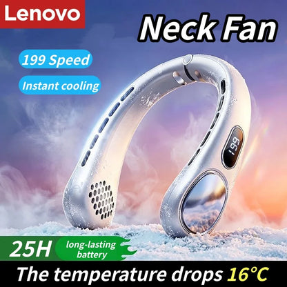 Lenovo Portable Neck Fan Rechargeable Ultra Long Battery Life Quiet Foldable Wearable Personal Cooler 199-Gear Ice Cooling