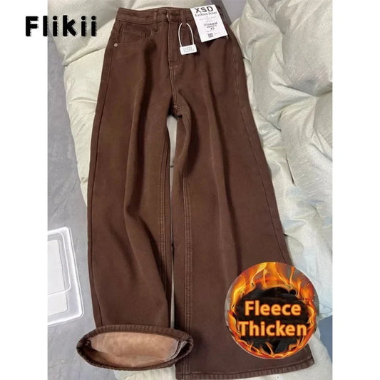 Women Casual Retro Wide Leg Fleece Thicken Denim Trouser Harajuku Loose Jeans 2025 Winter Solid High Waist Y2K 2000s Brown Pants