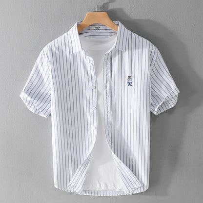 Summer Business Casual Men's Striped Short Sleeve Shirt Fashion Bear Embroidered Loose Trend Male Simple Versatile Tops Shirt