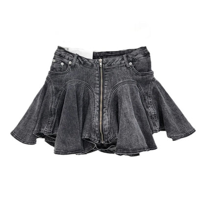 DEAT 3D Cutting Ruffled Edge Denim Skirts For Women 2024 Summer New Fashion Zipper Splicing Pleated Elastic Skirt Female 11A0198