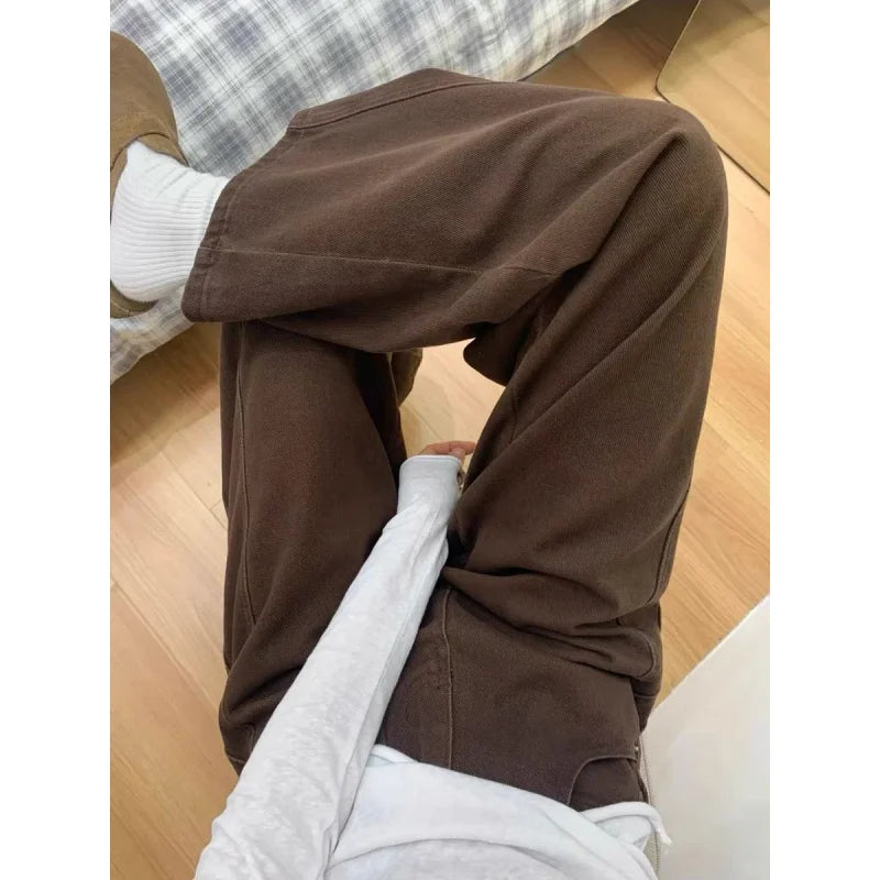 Maillard Brown Straight Leg Jeans for Women 2025 Autumn Winter Loose Fit Pear Shape Curved Wide Leg Pants