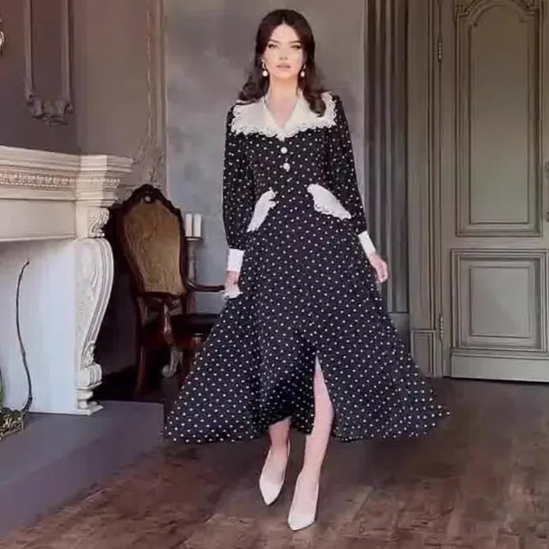 Fashion Slim Print Women'S Dress Elegant Doll Collar Long Sleeve Office Midi Dresses Casual High Waist Female Dress