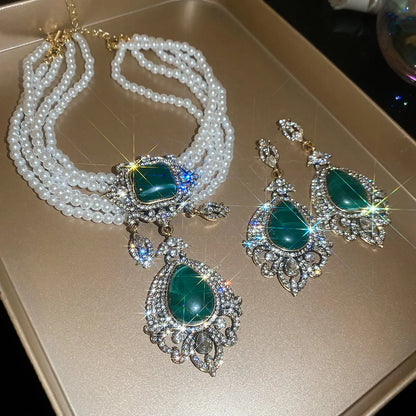 Multi-layered pearl court-style luxury heavy-duty earrings and necklace jewelry set