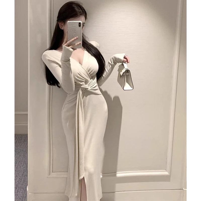 2025 Lady Chic Designer V-neck Dress Spring Women Elegant Lace Up Party Dress Female Irregular Solid Color Slim Fit Thin Dress