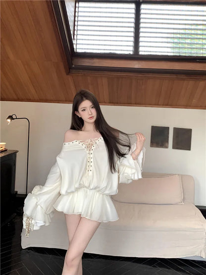 New Fall Sexy Slash Neck Red Super Mini Dress Women Lace Up Straps Short Shirt Fashion Flare Sleeve Ballet Off Shoulder Blouse