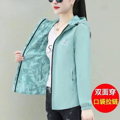 Double-Sided Wear Hooded Windbreaker Women Coat 2025 New Spring Autumn Korean Fashion Loose Jacket Female Mom Outwear Tops T947
