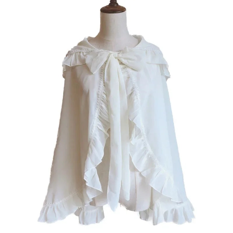 Lolita Chiffon Open Front Wraps Poncho Soft Coat Capes Girls Sweet Hood Covers Sweet Ruffle Shawl Cape Sun Protective For Women