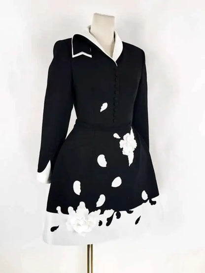 QMQA Fashion Women's Elegant Dress 3D Floral Contrast Color Collar Splicing High Waist Long Sleeve Party Dress Autumn New 1A399