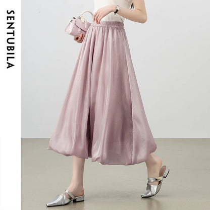 SENTUBILA Women's Pearlescent Skirts 2025 Party Evening Elegant Folds Elastic Waist A-line Tulip Skirt Female Clothing W52QG0018