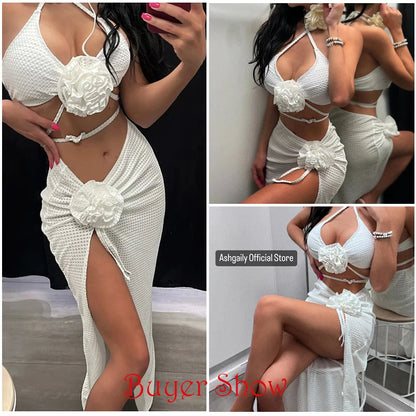 2025 3pack Bikini with Beach Skirt Swimwear Women 3D Flower Swimsuit Halter Bathing Suit Beachwear Bikini Set Biquini