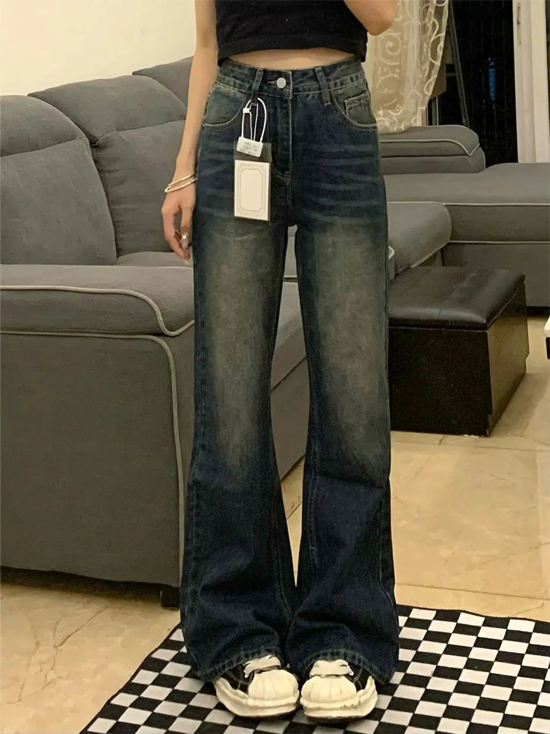 Fashion Flared Jeans Women American High Waist Slim Fit Wide Leg Bootcut Pants Loose Non Clingy Stretchy Versatile Denim