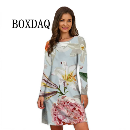 Flower Power Women Dress Retro Hippie 60s Elegant Long Sleeve Loose Dress Casual Fashion Oversized Autumn Woman Print Mini Dress
