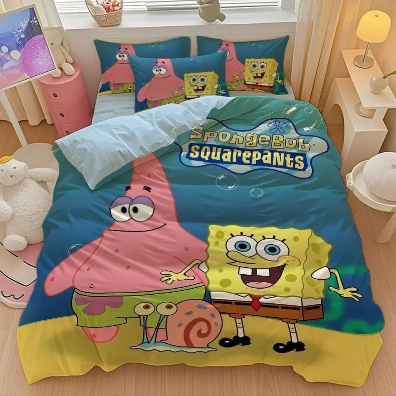 New Anime SpongeBobs Bedding Set Duvet Cover Bed Set Quilt Cover Pillowcase Comforter king Queen Size Boys Adult Bedding Set