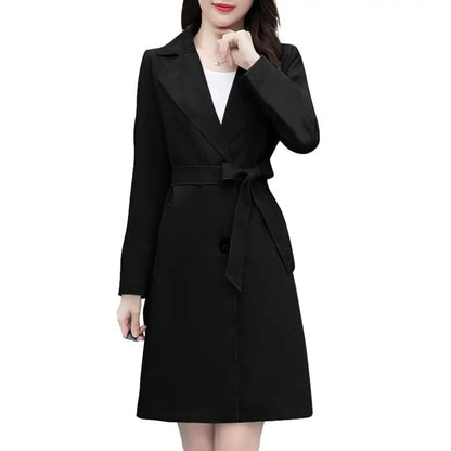 Women Fall Spring Coat Lapel Cardigan Double Buttons Trench Coat Solid Color Mid Length Pockets Business Jacket With Belt