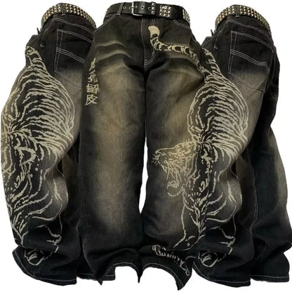 Streetwear New Fashion Red Crown Embroidered Baggy Jeans Women Y2K Gothic Harajuku Hip Hop Popular Casual Joker Couple Jeans